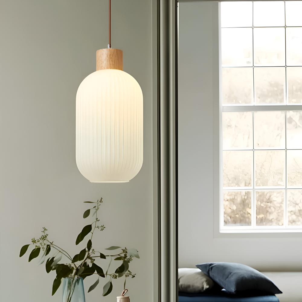 AkariLuxe Taklampa – Elegant hängande lampa av vit, ribbad glas i japansk stil