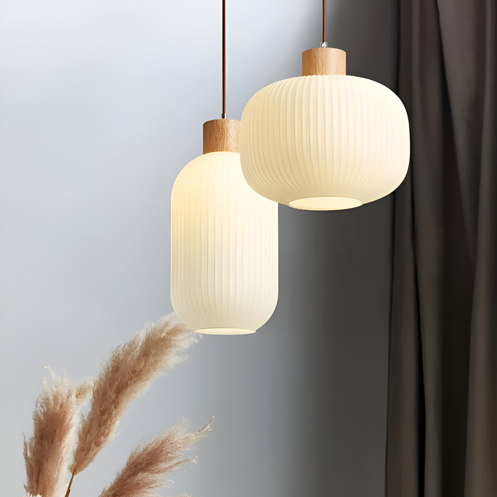 AkariLuxe Taklampa – Elegant hängande lampa av vit, ribbad glas i japansk stil