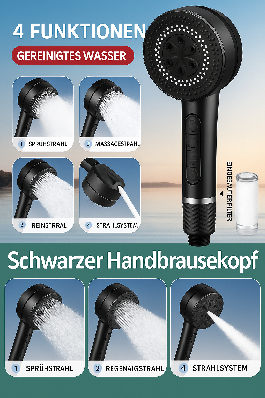 AquaJet Powerduschhuvud | Högtrycks-handdusch med 5 stråltyper