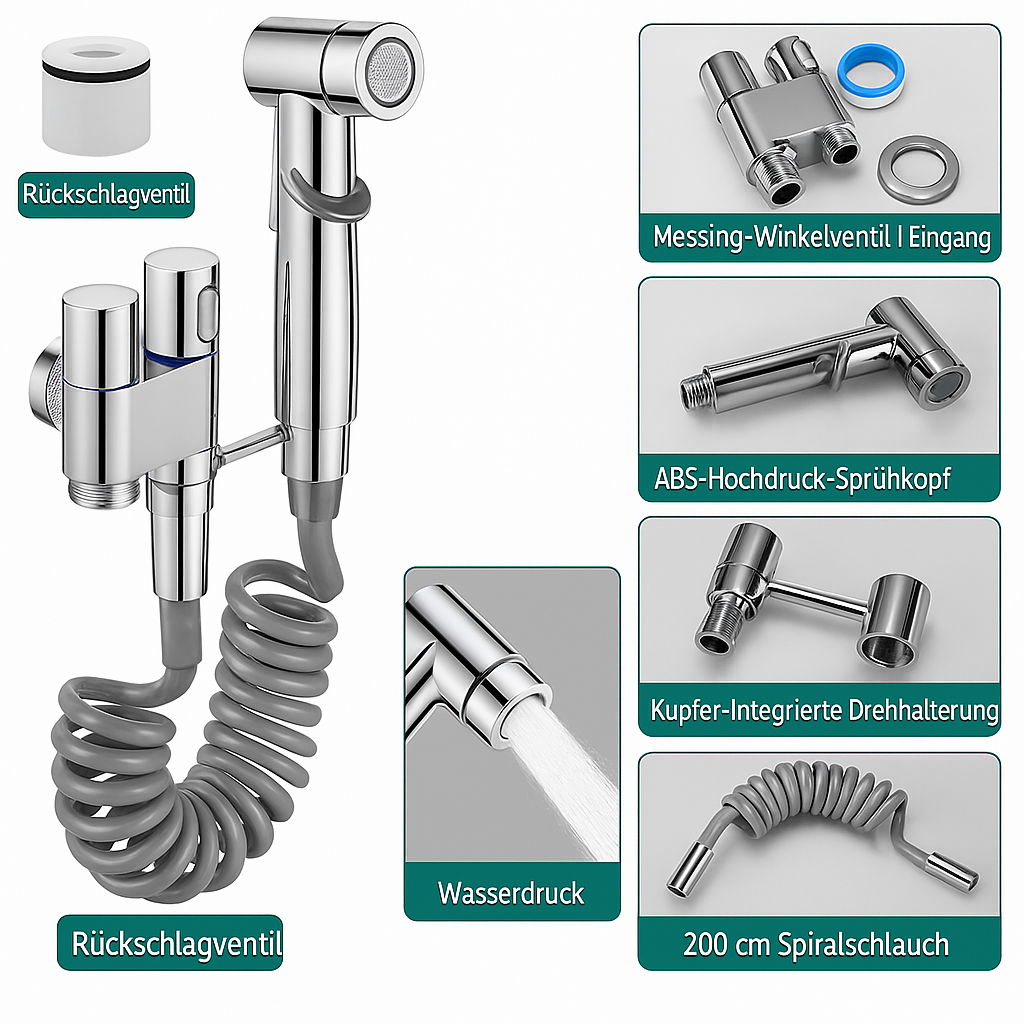 AuriJet rostfritt stål bidetsprayer – toalett-dusch med tryckreglering & ergonomiskt handtag
