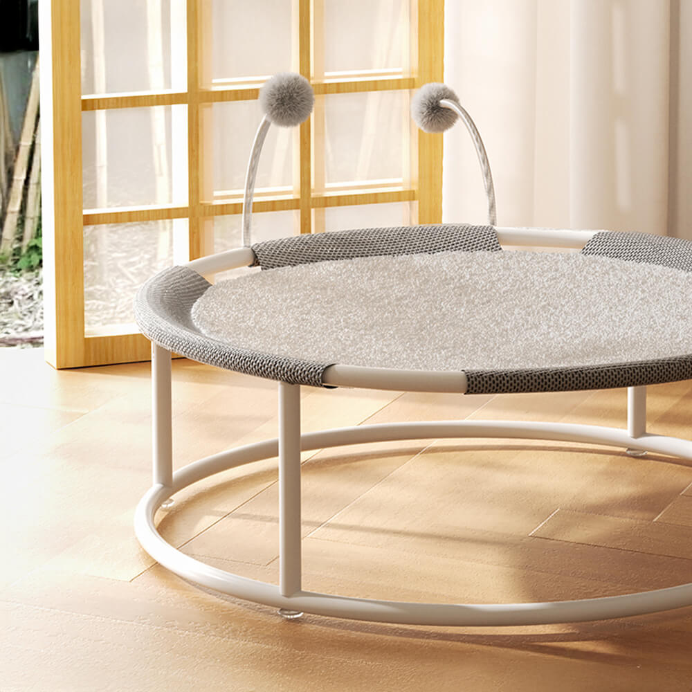 Rund Andningsbar Fuktbevis Varm Nät Kattbädd med Pom-Poms