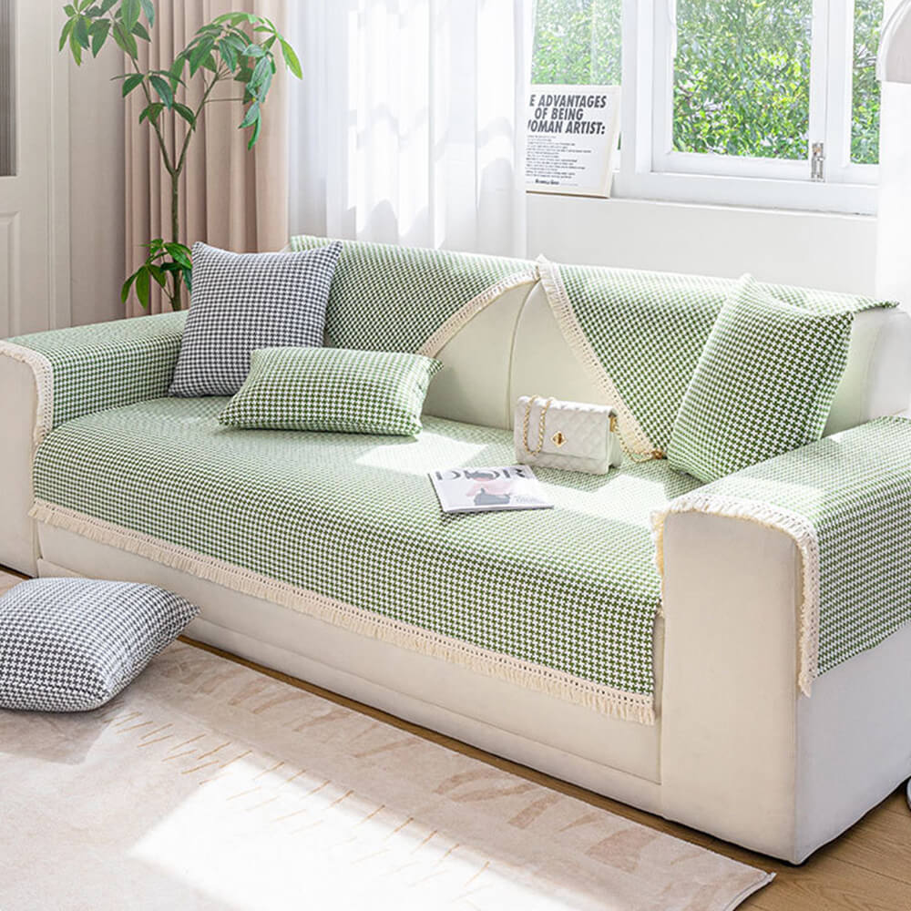 Houndstooth-mönster Elegant Fringed Mjuk Bomulls-linne Sofföverdrag