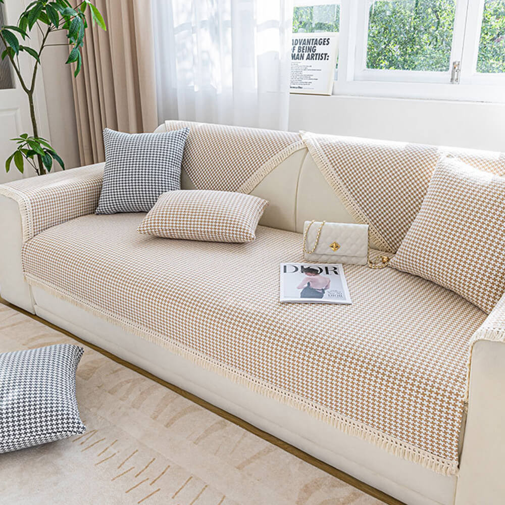 Houndstooth-mönster Elegant Fringed Mjuk Bomulls-linne Sofföverdrag