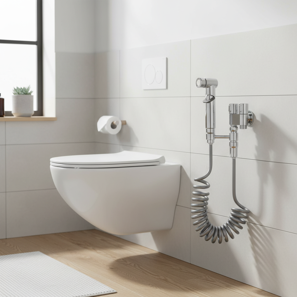 AuriJet rostfritt stål bidetsprayer – toalett-dusch med tryckreglering & ergonomiskt handtag