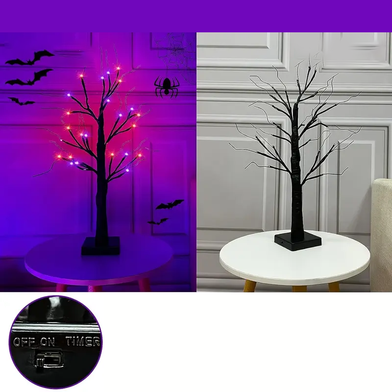 Halloween LED Träd 60cm – Svart dekorationsträd med lila & orange lampor