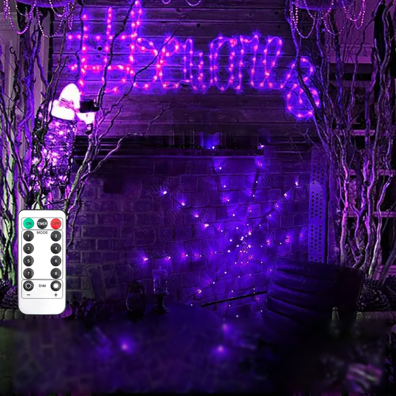 Halloween Spindelnät Ljusslinga – LED Lila & Orange för spöklik festdekoration