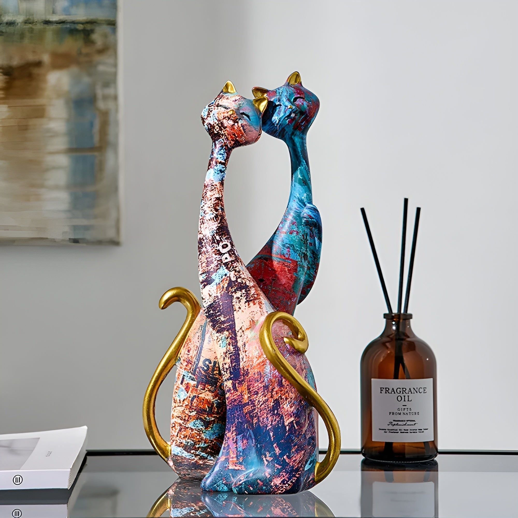 Sweet Lovers - Handmålat Kattpar Skulptur för Evig Kärlek