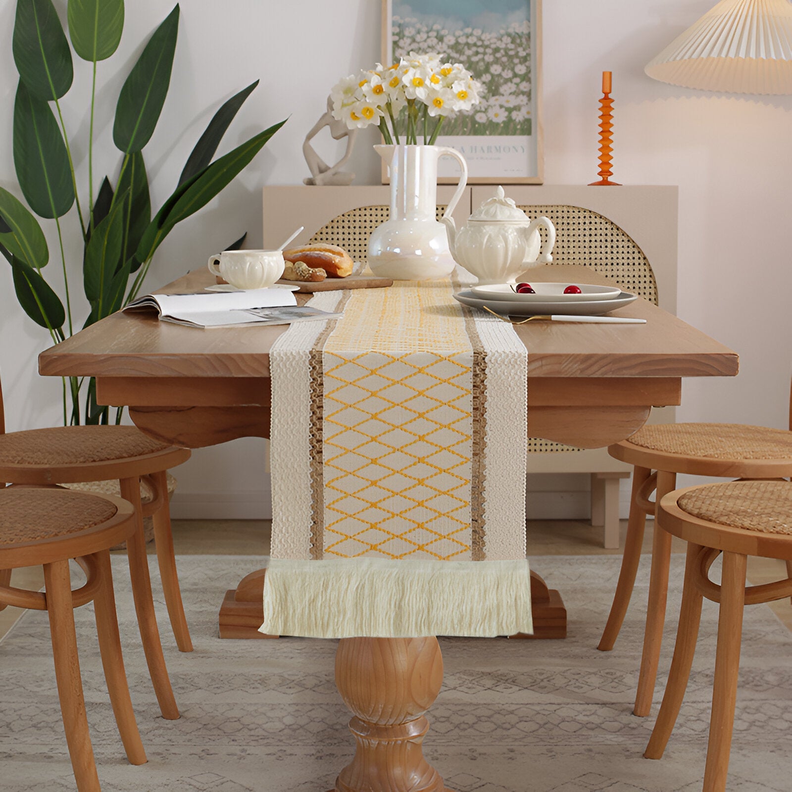 Boho Makramee Bomull Linne Bordsduk med Fransar