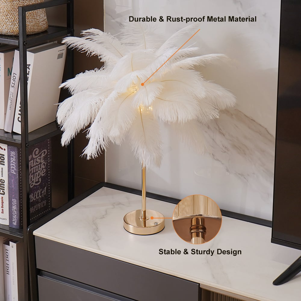 Art Deco Feder Guld Gildad Bords Lampa Med Mjuk Ljus