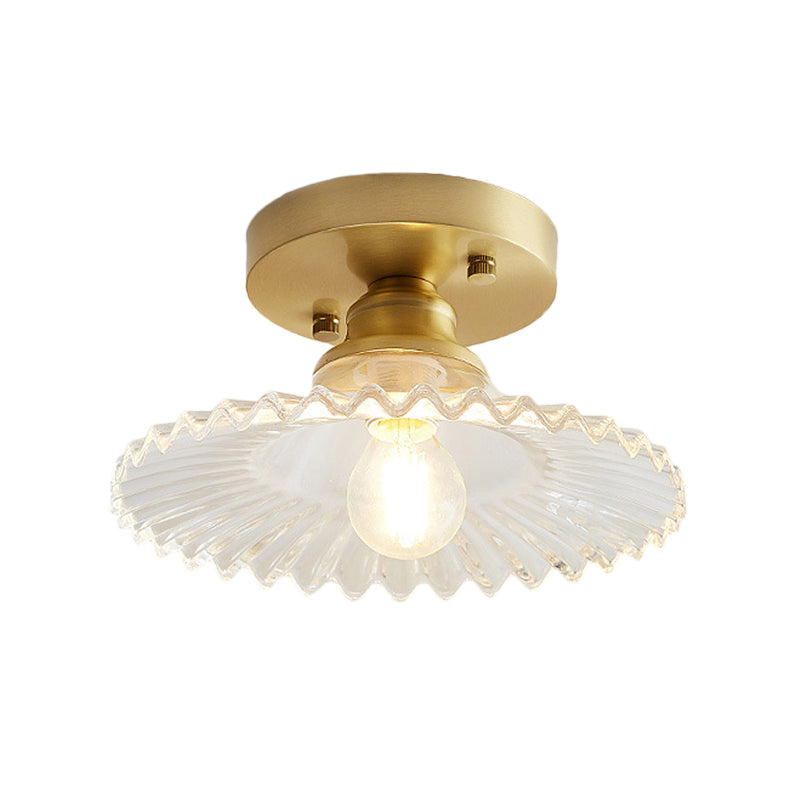 Flared Semi Flush Mount Light with Ribbed Clear Green Glass