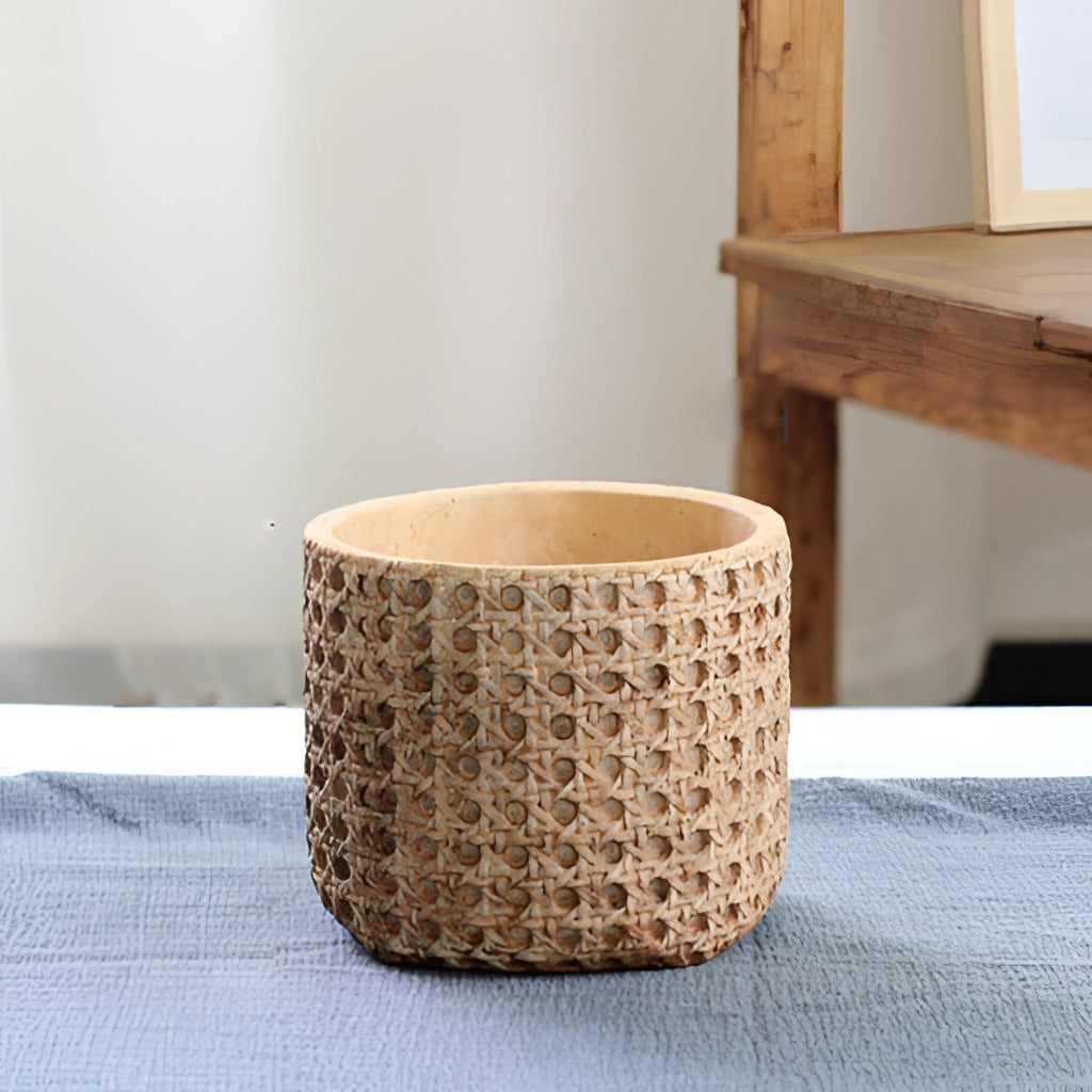 Naturlig Rattan Texturerad Cementplanter – Modern Cement Blumentopf med Naturutseende för inomhus- och utomhusområden