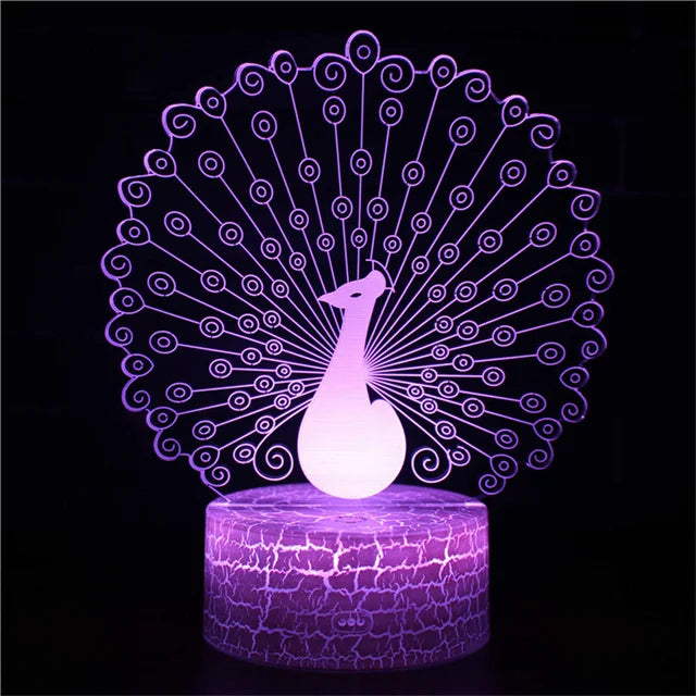 PeacockGlow - LED Nattlampa med 3D Effekt och Färgomvandling, Dekorativ Bordslampa