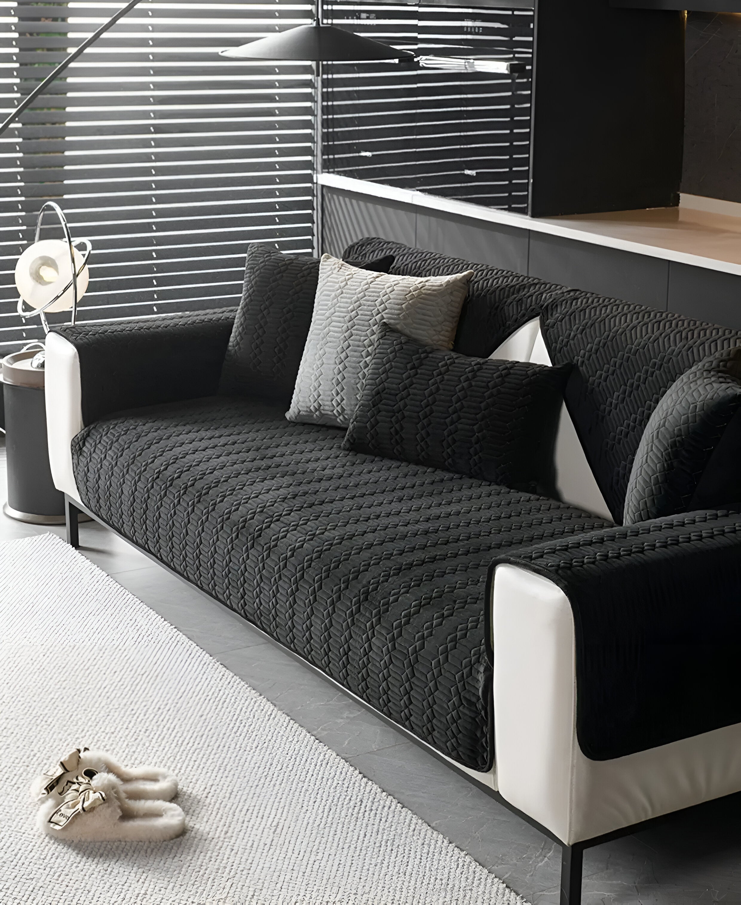 Premium plyschsamts sofföverdrag – Lyxigt geometriskt mönster med Halkfri baksida