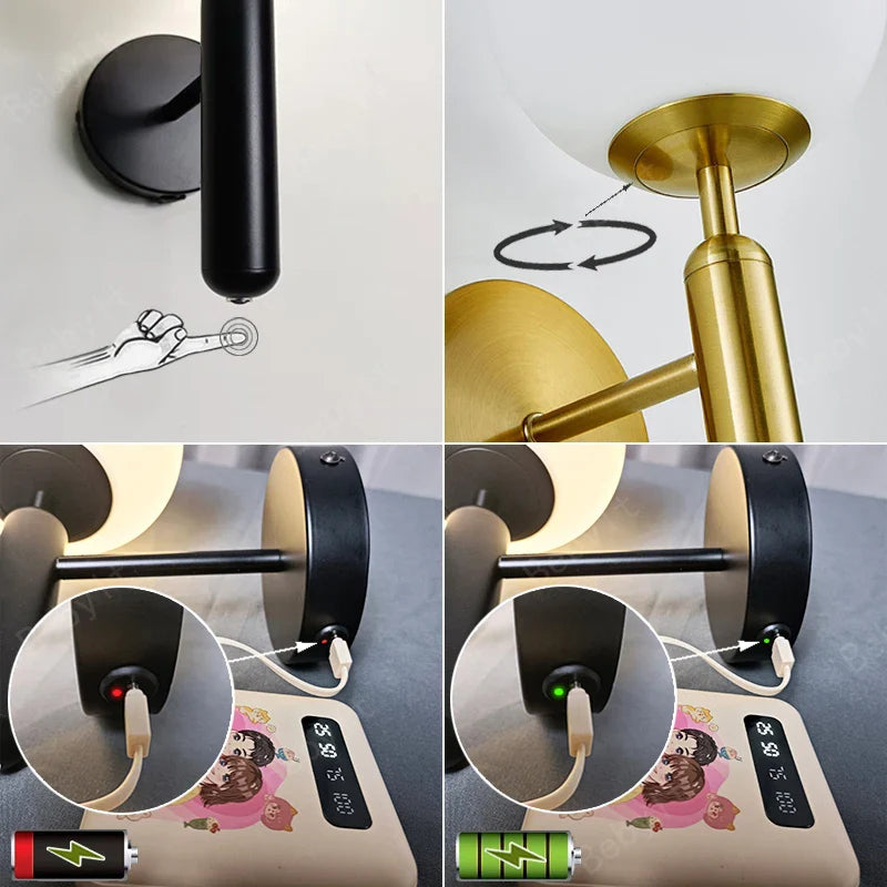 Royallure Touch Control Charging LED Vägglampa Trådlös Tri-Färg Dimmbar Sänglampa