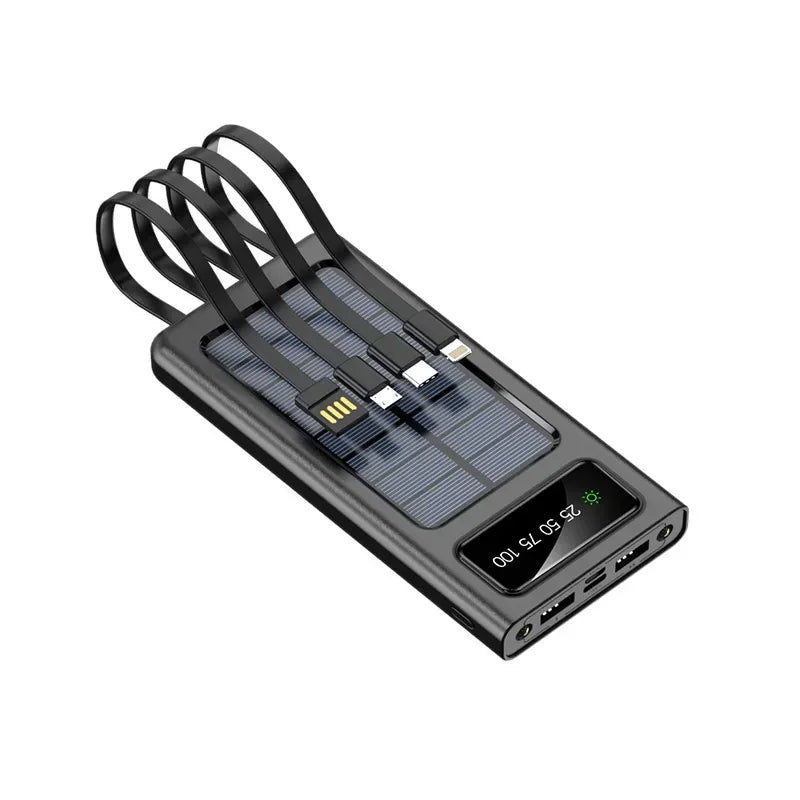 Carvallo Solar Powerbank | 10.000/20.000 mAh | Snabbladdningsfunktion & 4 integrerade kablar | För iPhone, Samsung, Huawei & mer