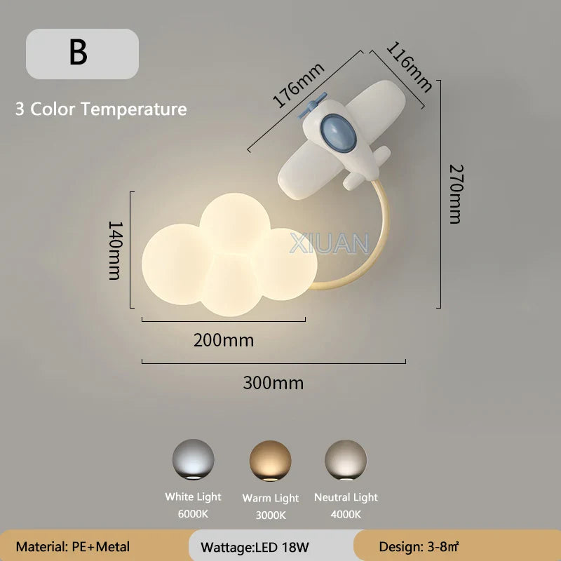 Tecknad Flygplan - Barnkammare Vägglampa med Stjärnor, Regnbåge och Flygplansdesign