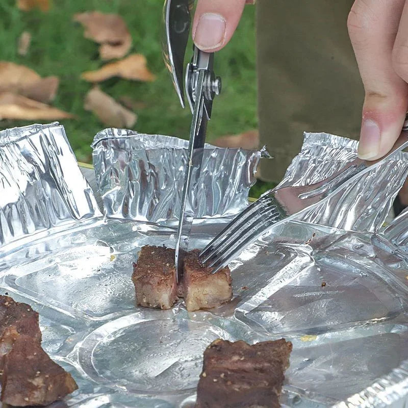 Carvallo Outdoor-Bestick 6-i-1 | Fällbart multifunktionellt bestick i rostfritt stål | Kniv, gaffel, sked, burköppnare & flasköppnare | För camping & trekking