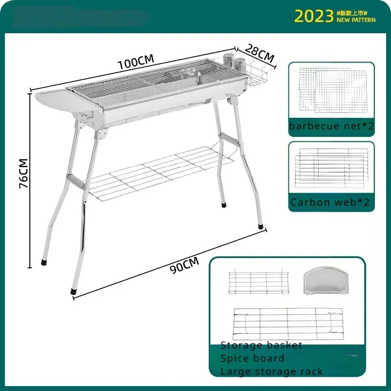 Carvallo Stort kolgrill i rostfritt stål | Hopfällbar & Bärbar | Utan montering | Med handtag | För trädgård & camping