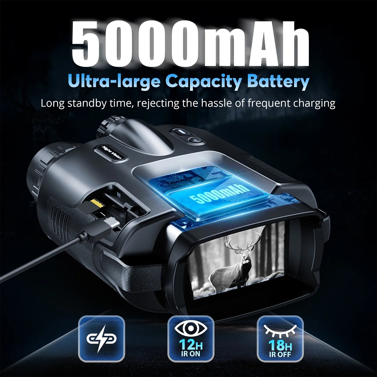 4K Infraröd Nattsyns Kikare med Zoom, 600m Räckvidd, 3" Skärm & 5000mAh Batteri