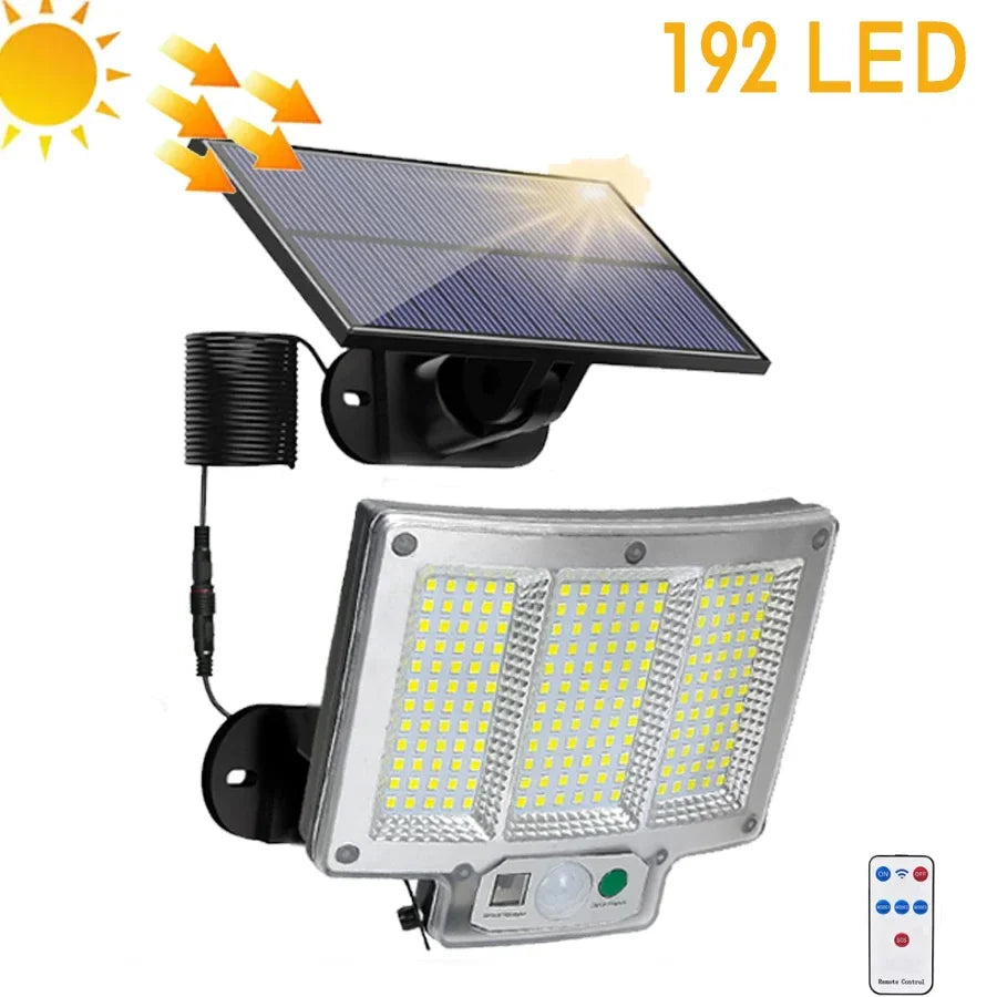 Carvallo Solar Vägglampa med Rörelsesensor | 192 LEDs | Avtagbar Solpanel med 5 m Kabel | 4 Läge & Fjärrkontroll | IP65 Vattentålig