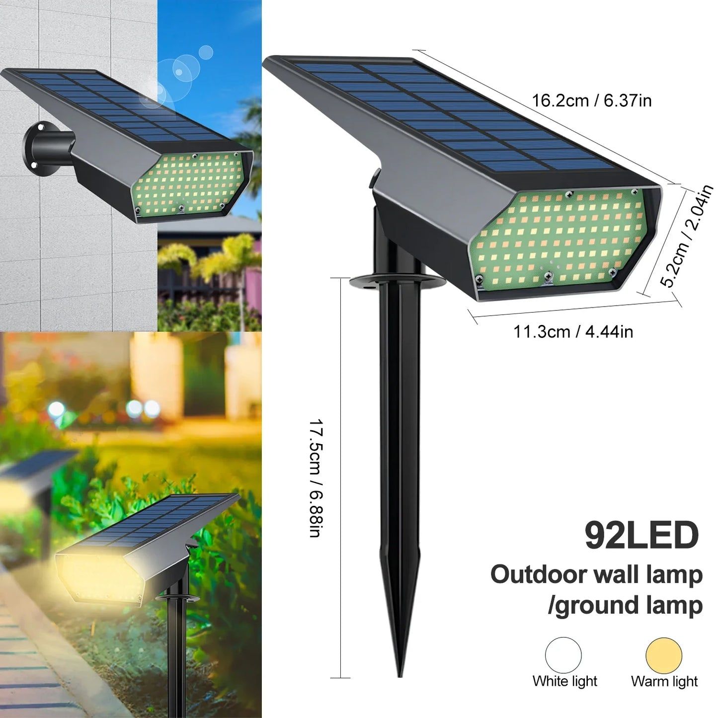 Carvallo-Spotlight LumiYard 92LED | 2-färgade trädgårdbelysning (Varm-/Kallvit) | IP65 Vattentät & Automatisk skymningssensor