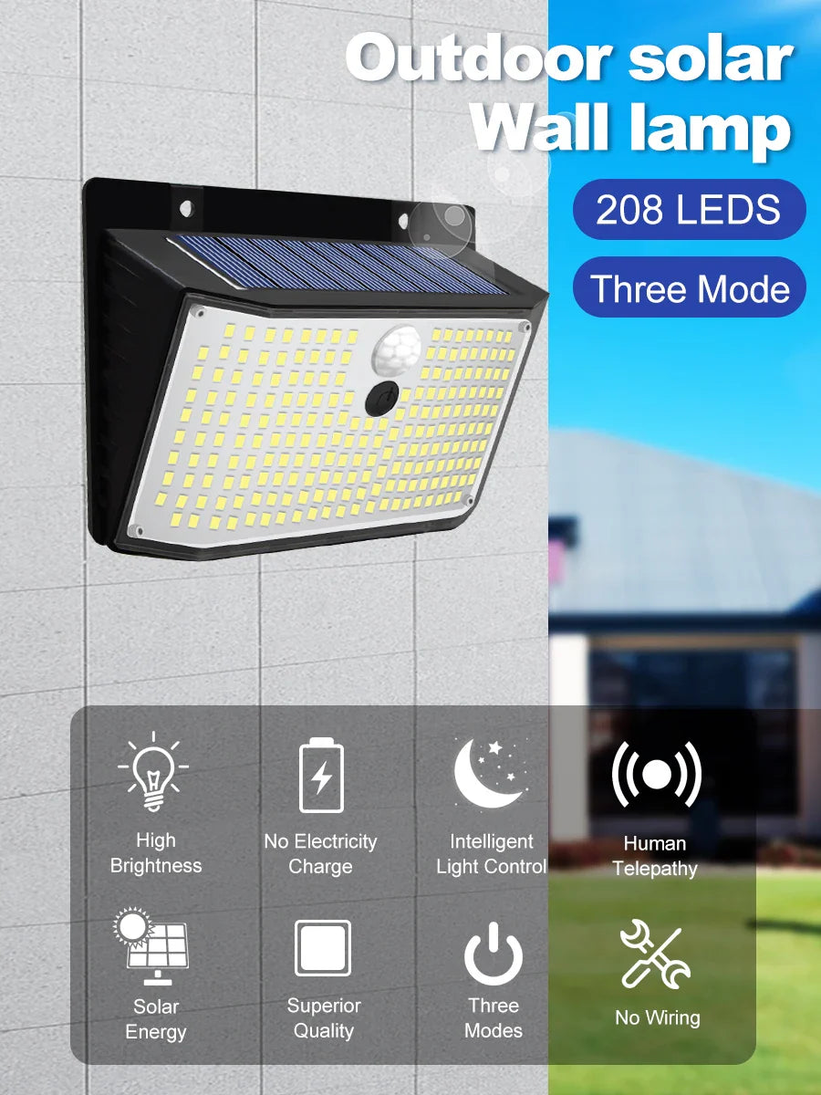 Carvallo Vägglampa Solayra 208LED | Rörelsesensor & 3 Ljusstyrkor | 30 m² Belysningsyta | IP65 Väderbeständig