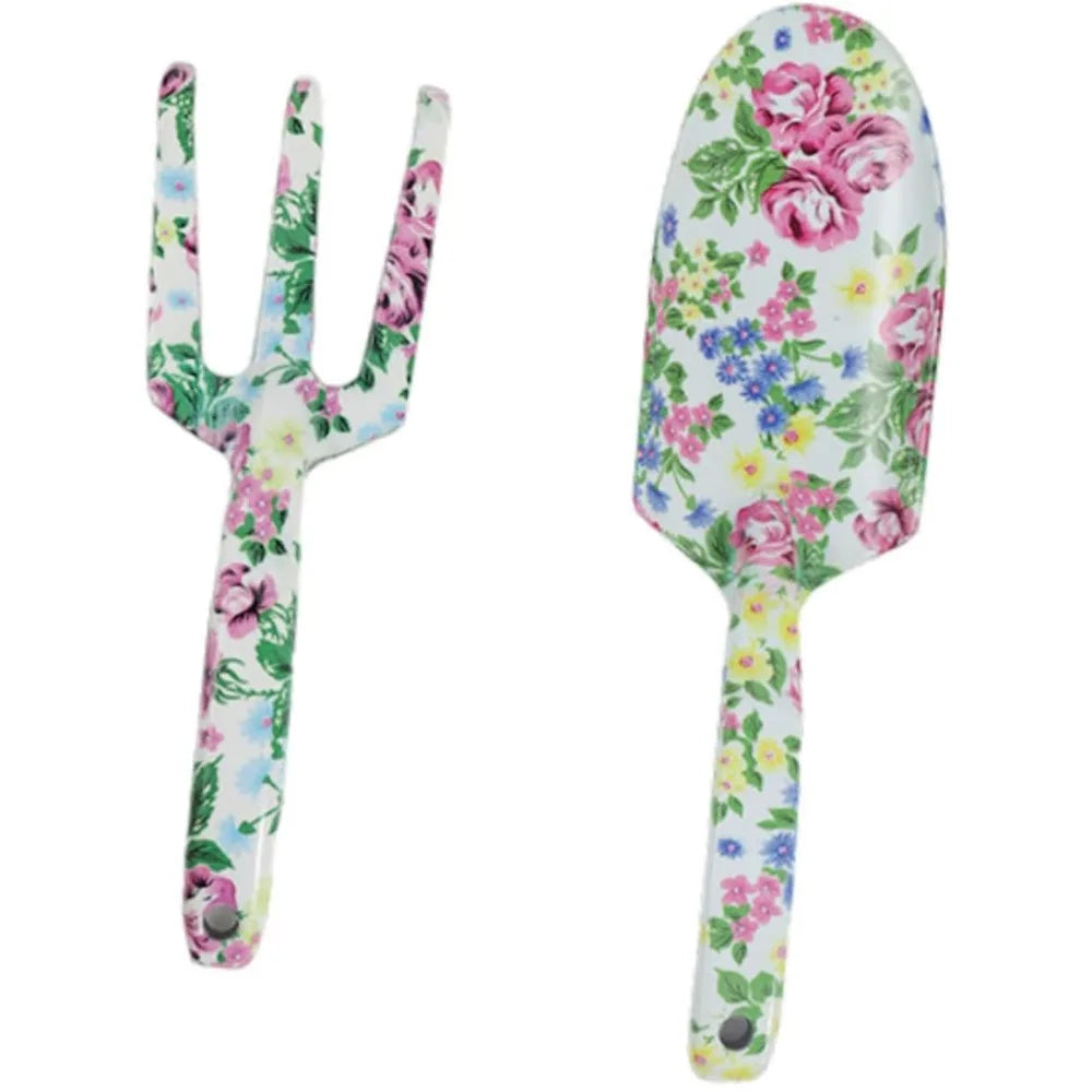 Carvallo GardenSet Trädgårdsverktygssats i rostfritt stål | 2-delad: Handskovel & Blomgaflar | 26–29,5 cm | Blommönster i 6 färger