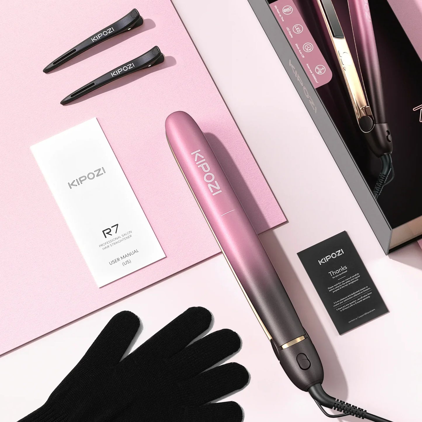 Carvallo 2-i-1 Plattång & Locktång Roséguld | Titanium Flytande Plattor | 100–240V Resespänning | Inkl. Tillbehör & Hett skyddshandske