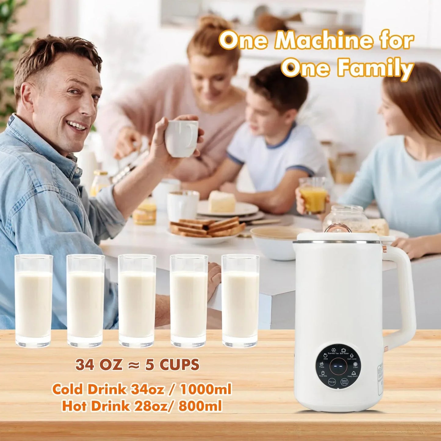 Carvallo växtmjölksberedare 8-i-1 | För nöt-, havre- & sojamjölk | 1000 ml kapacitet | BPA-fri