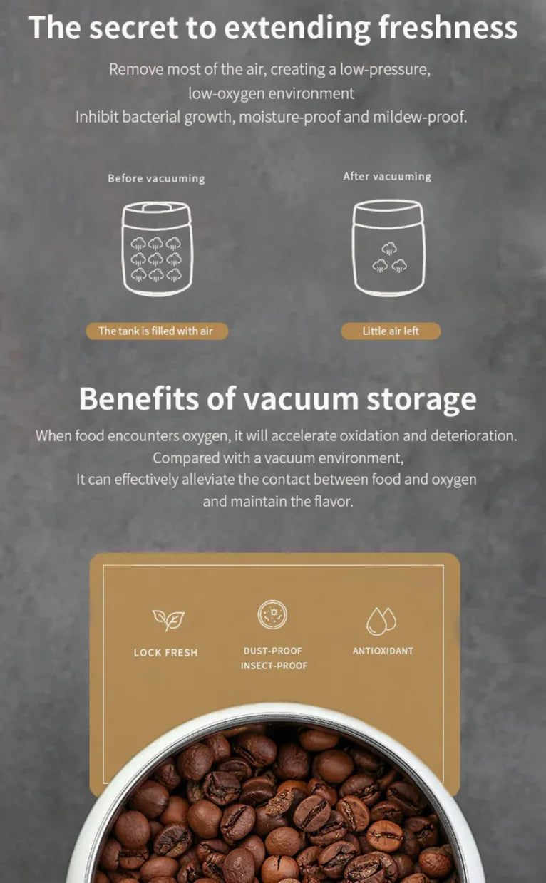 Royallure Kaffeebehållare i rostfritt stål med manuell vakuumlock för färska bönor