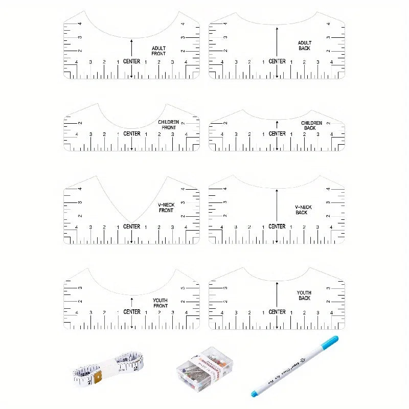 Carvallo T-Shirt Justeringslinjaler i set | 4/8 styck | Flexibelt PVC-mätsverktyg för textiltryck & sömnadsarbeten | För vuxna & barnstorlekar
