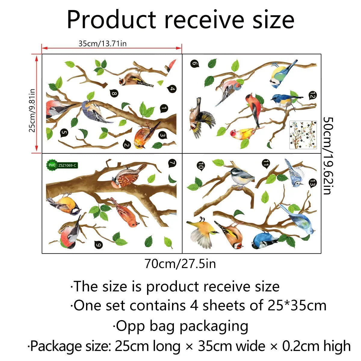 Carvallo Vägdekal Set Fågel & Blad i Vintage-stil | 3D-effekt | 4-delad | PVC | 25x35 cm per ark