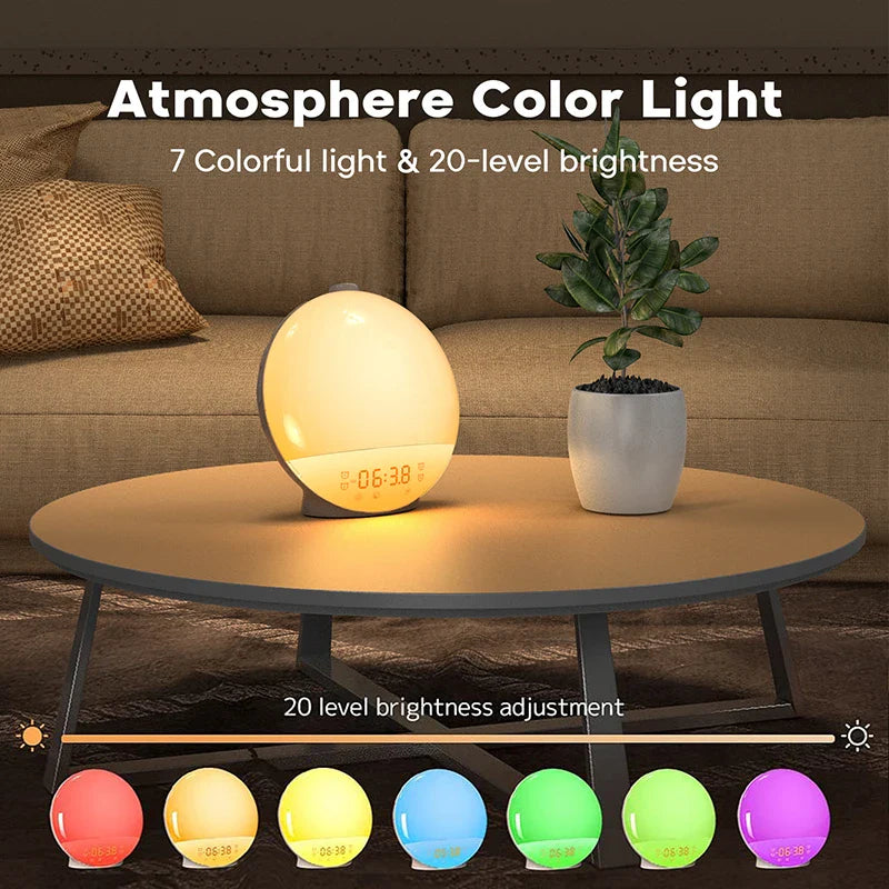 Solsuppgångs väckarklocka med FM-radio, Dubbel väckarklocka, Nattljus och 15 färgalternativ – Vakna upp lampa för mjuka morgnar