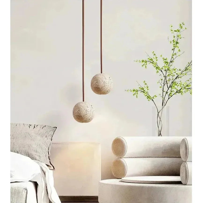Hänglampa av travertin – Minimalistisk rund LED-hänglampa i Wabi-Sabi-stil