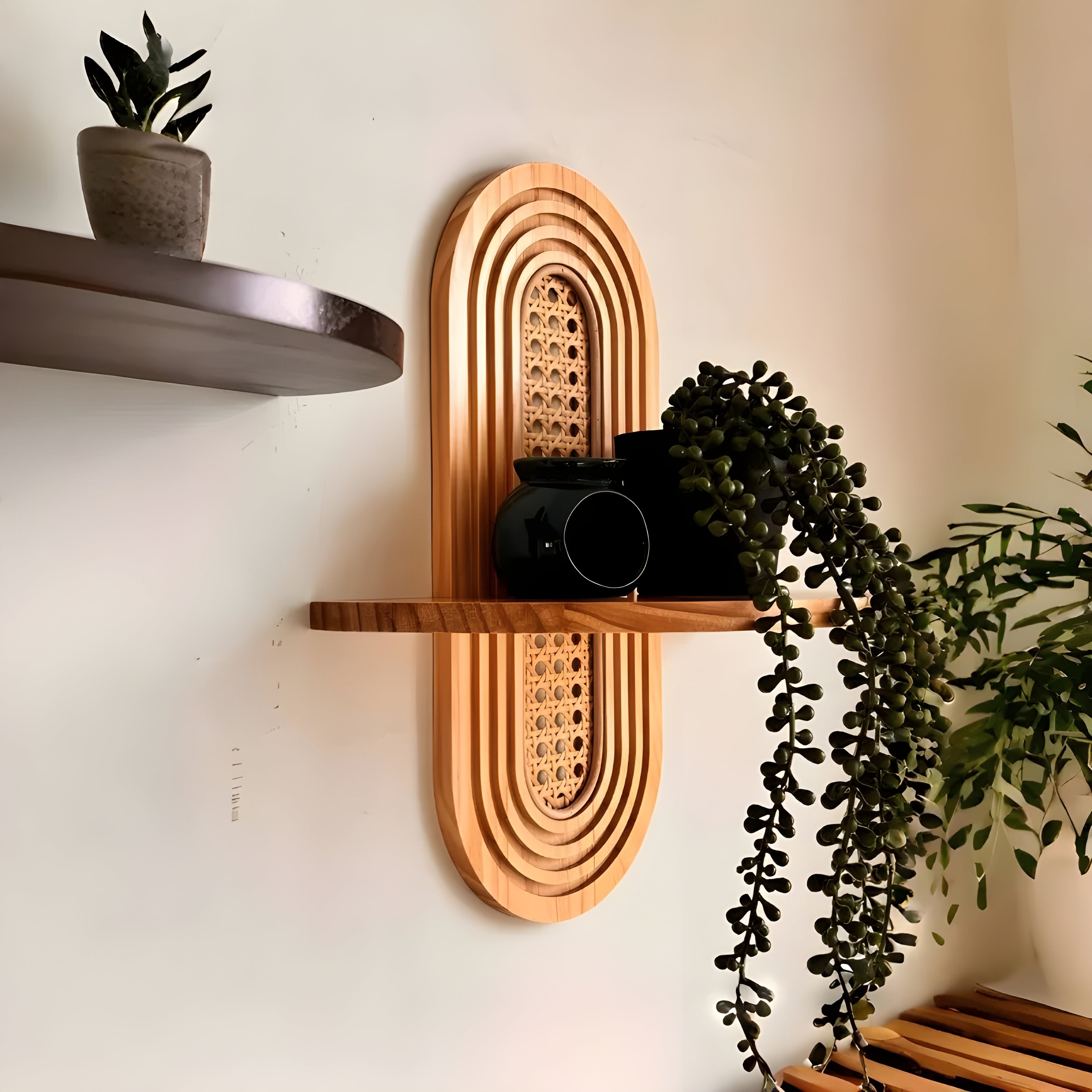 Handgjord vägghylla i rotting – Boho-dekoration för vardagsrum, sovrum och balkong