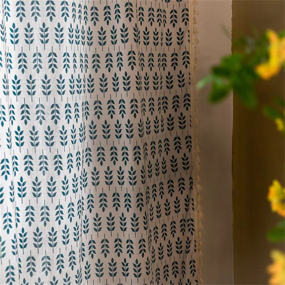 Teal Blå Blad Semi Genomskinliga Gardiner