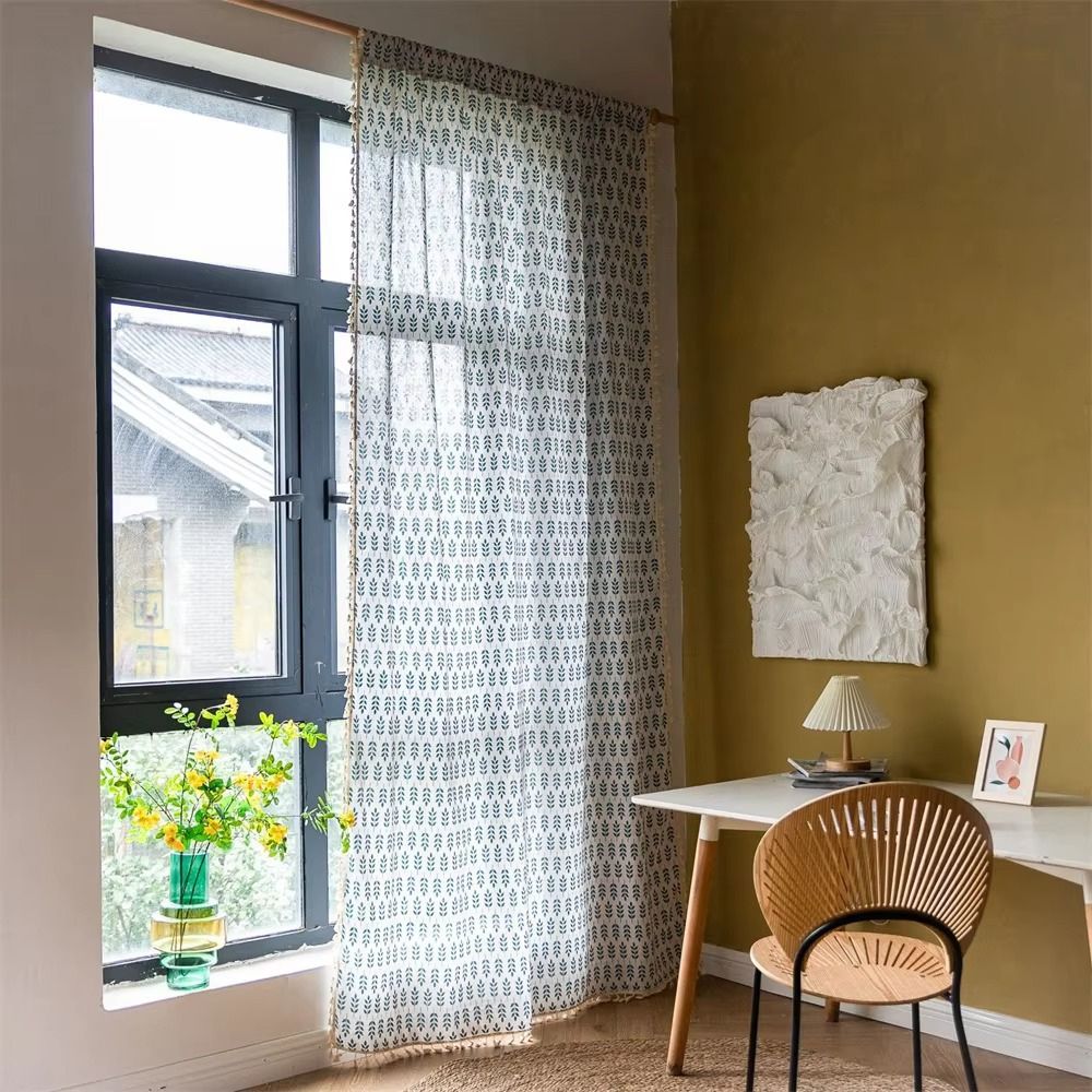 Teal Blå Blad Semi Genomskinliga Gardiner