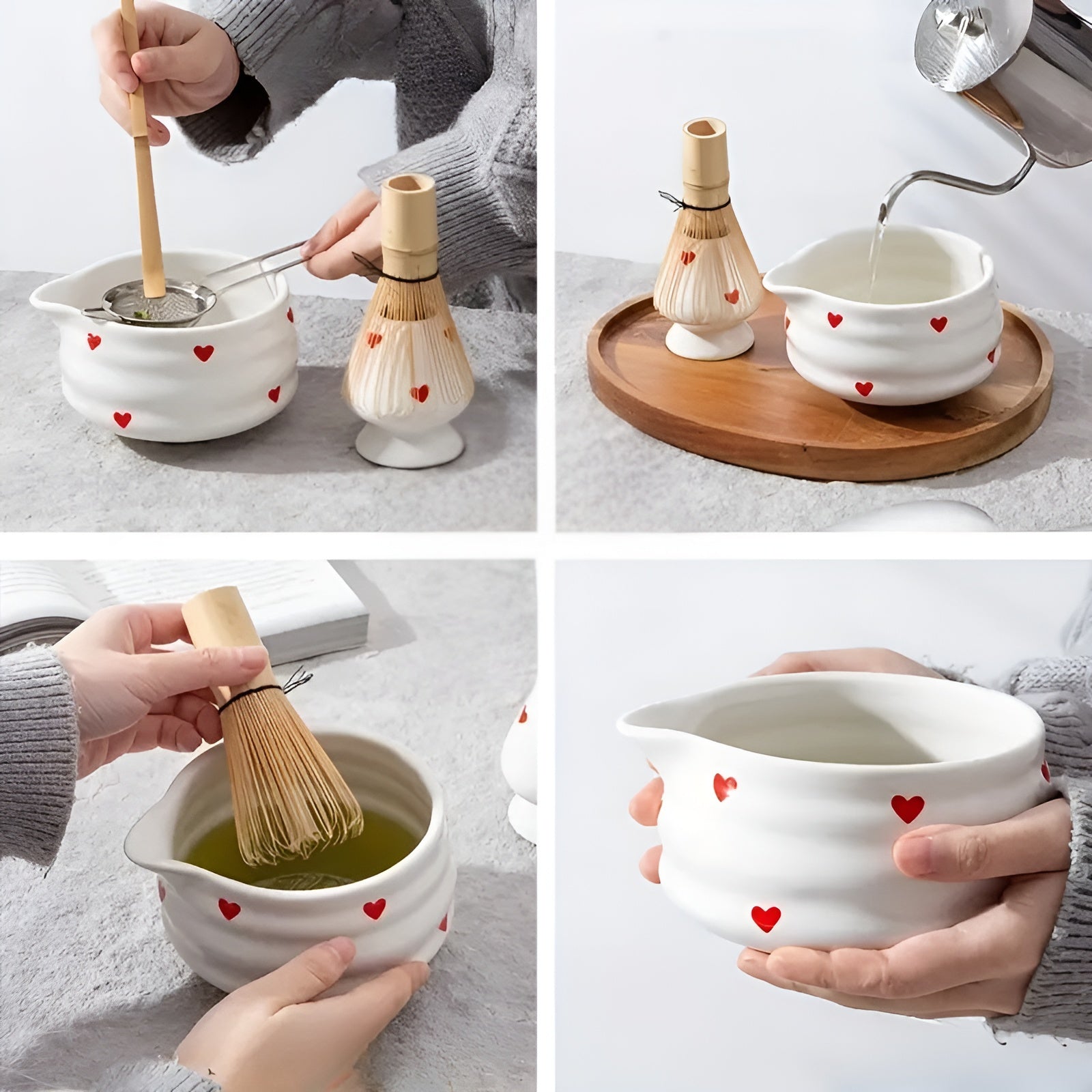 Matchaskål med hjärtdesign – 4/5 stycken utgjutare & bambu visp | Ideal för hemmabruk