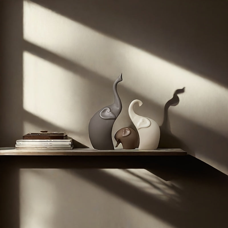 Set med 3 Keramiska Elefantfigurer – Modern Matt Dekoration för Vardagsrum eller Kontor
