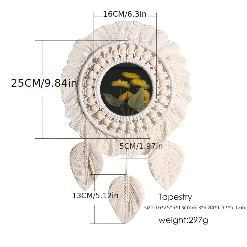 Boho Makramé Väggspegel med Fransar – Dekorativ Spegel med Pärlor och Fjädrar