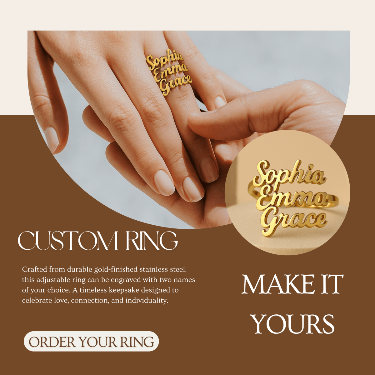 AURELION – Justerbar namnrings i guldfärgad rostfritt stål efter mått