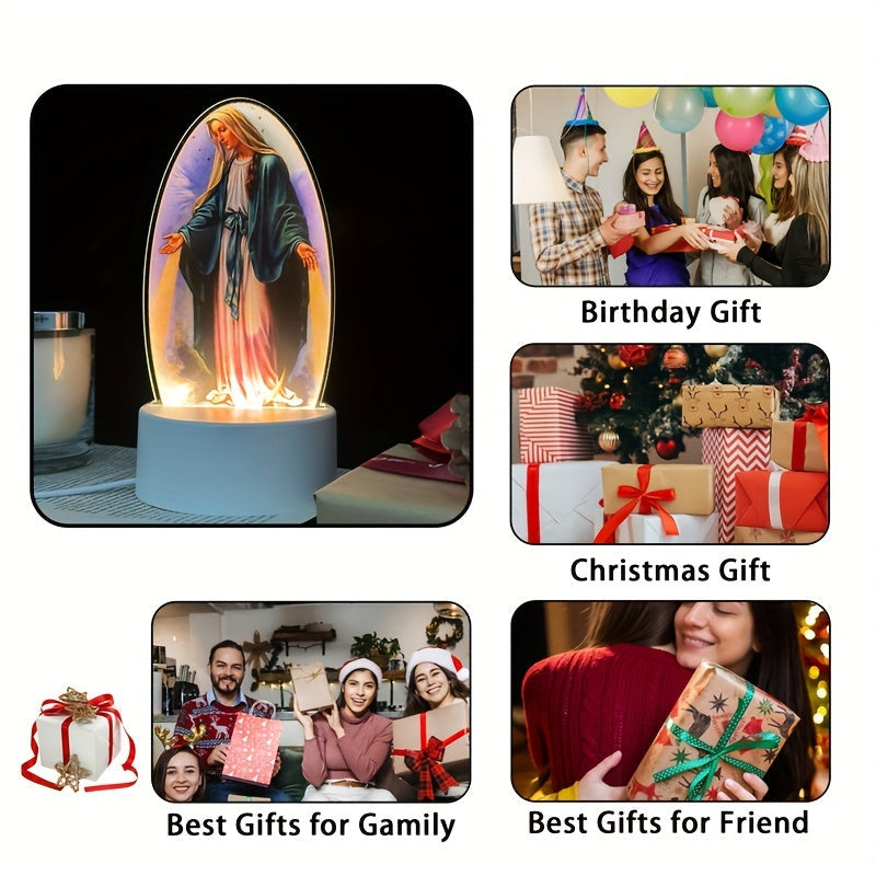 SacredGlow - Maagd Maria Nattlampa med LED Akrylram, USB-Strömförsörjning