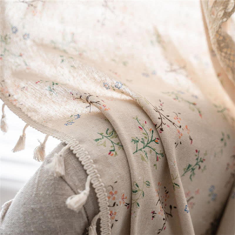 Floral Rutigt Splicing Bomull Linne Fringed Gardin