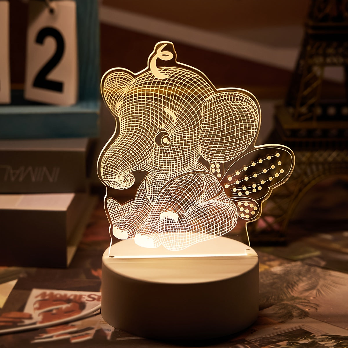 AngelElephant - 3D Illusion LED Nattlampa, USB Driven Bordslampa