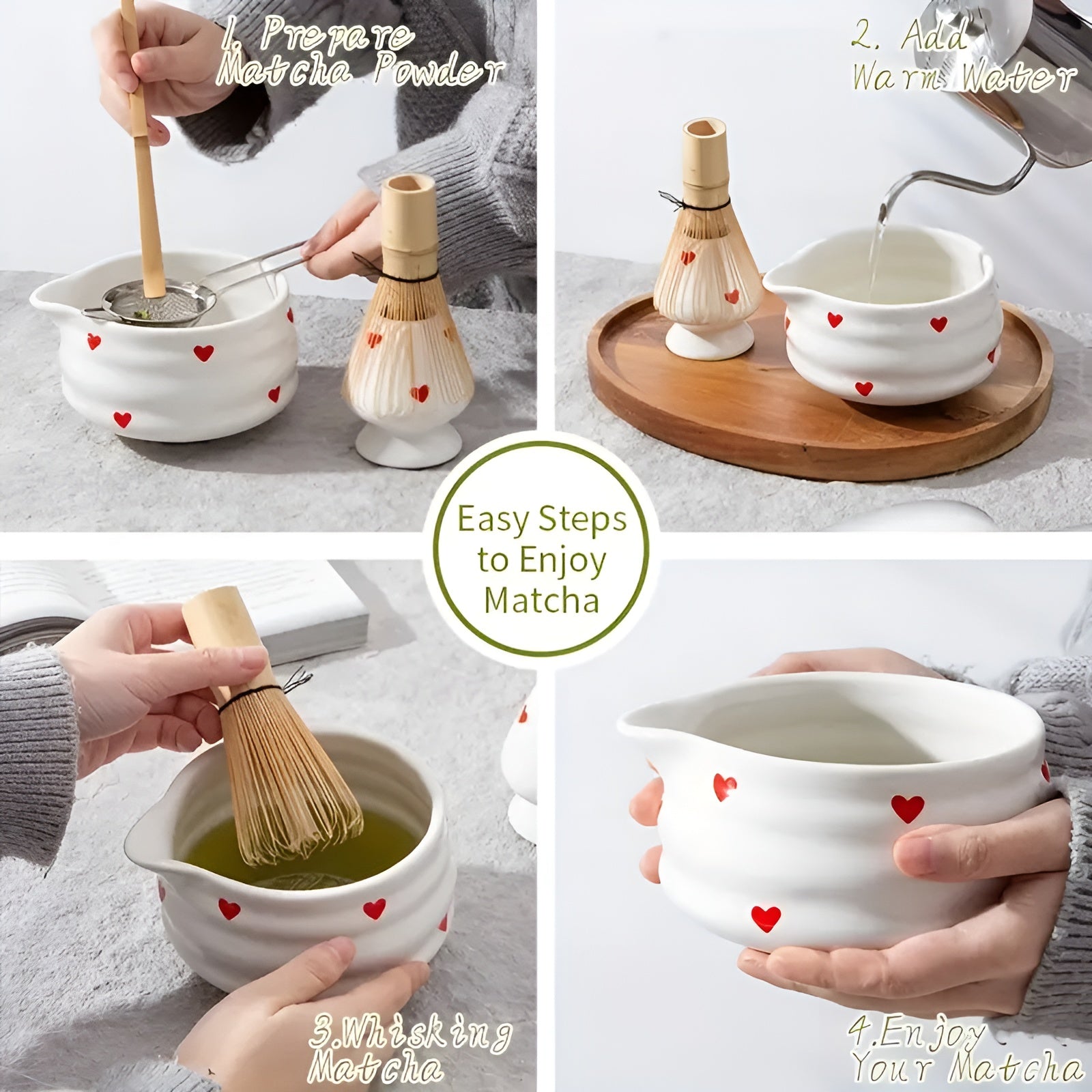 Matchaskål med hjärtdesign – 4/5 stycken utgjutare & bambu visp | Ideal för hemmabruk