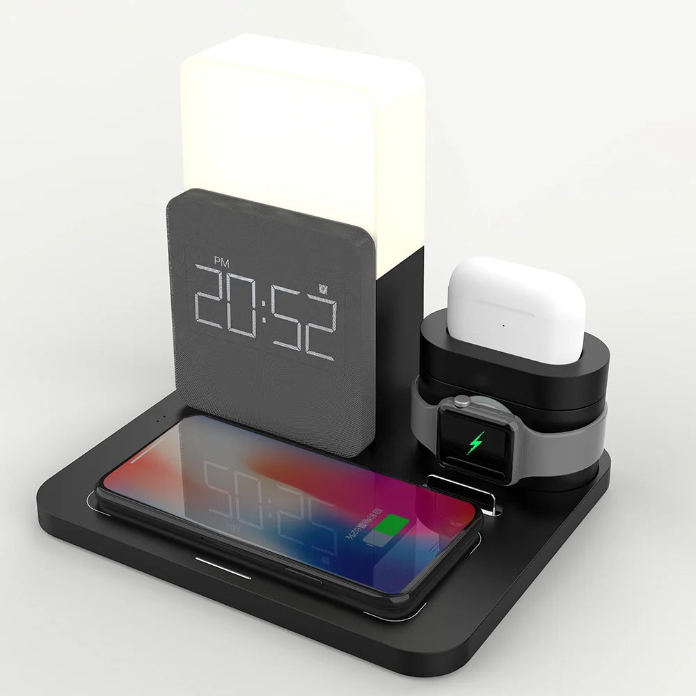 Multifunktionell Trådlös Laddningsstation – Lampa och Väckarklocka Ingår