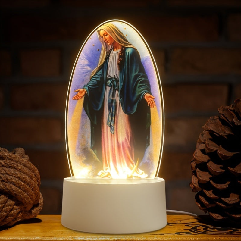 SacredGlow - Maagd Maria Nattlampa med LED Akrylram, USB-Strömförsörjning