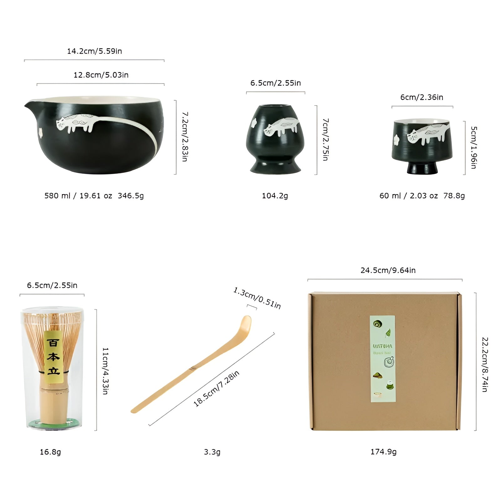 Matcha Set med kattdesign – Inklusive skål, bambusvisp & sked | Perfekt present för teälskare
