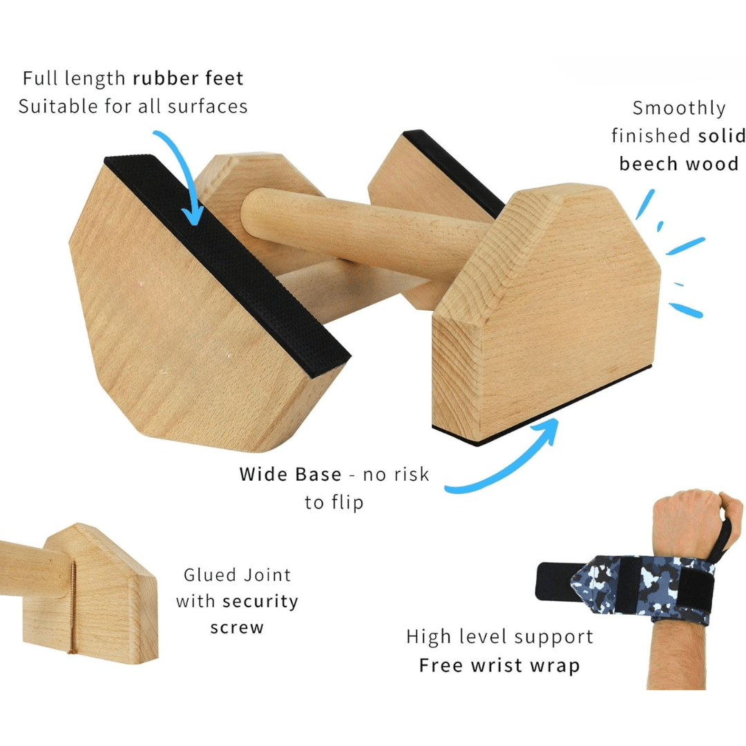 Calisthenics Power Bars - Halkfria träpallar - Armhävningar, Dips & L-Sits - Stabil och ergonomisk träningsutrustning