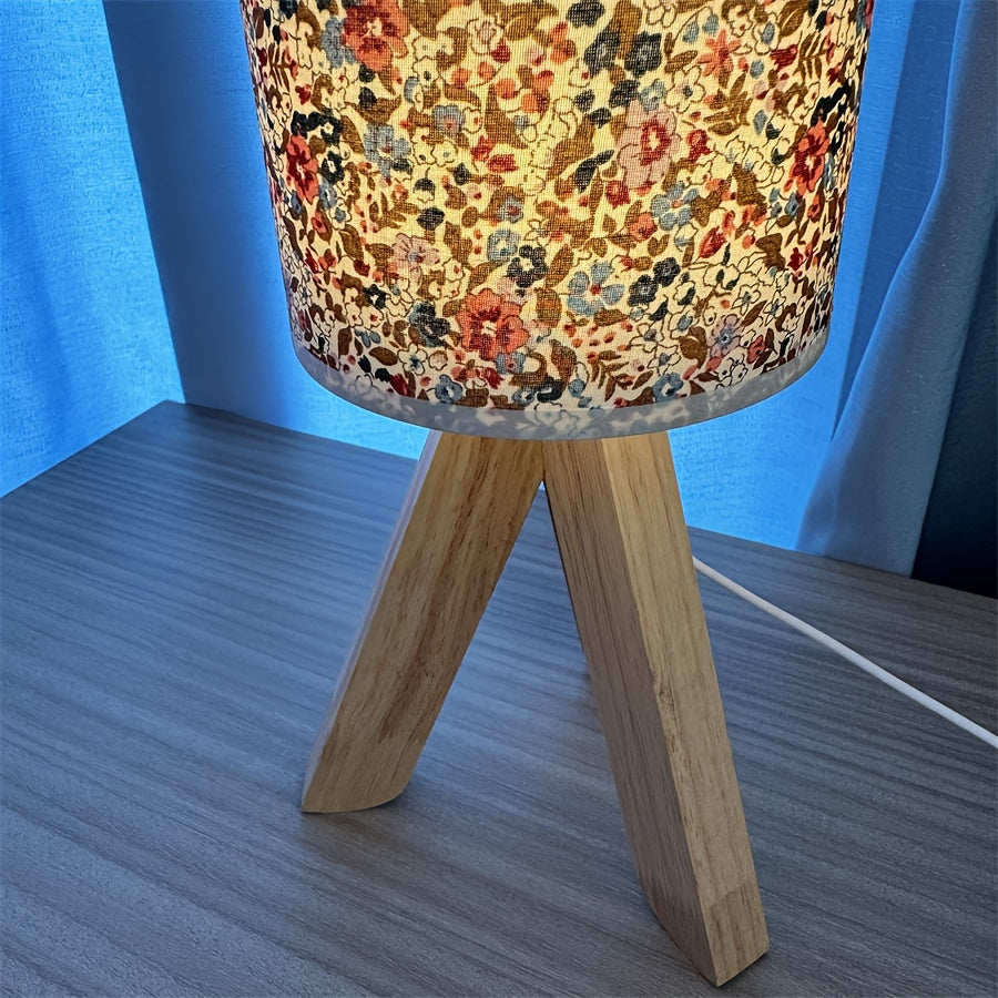 HoutLicht - Modern Trä Bordslampa med Tygtopp, USB Drivna, Tryck-knapp LED Nattljus